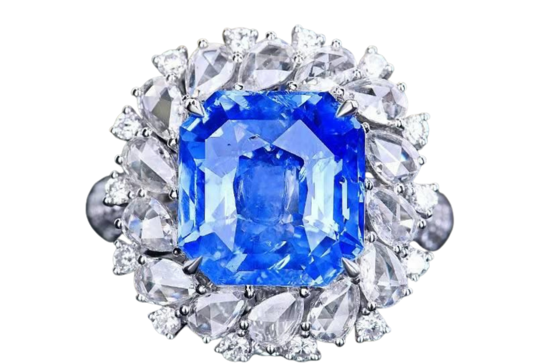 Bague Caelum Fidei en or gris 18k avec saphir bleu royal naturel du Sri Lanka 8,24 ct et diamants.